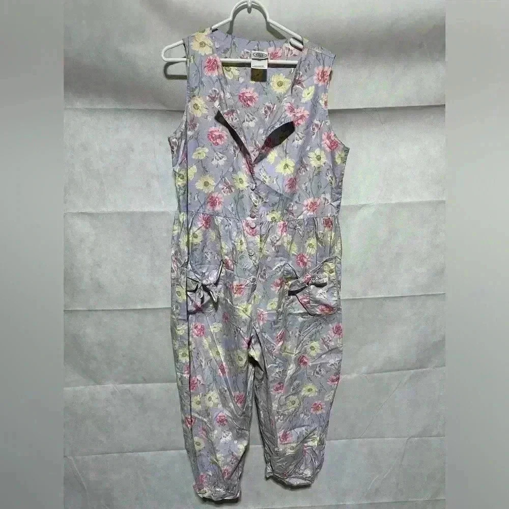 Vintage Laura Ashley Floral Jumpsuit Purple Sleeveless Sz L Great Britain Pocket